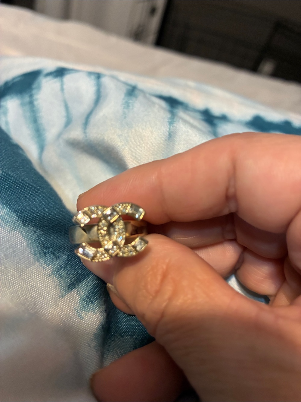 CHANEL Silver-Tone Crystal CC Logo Ring